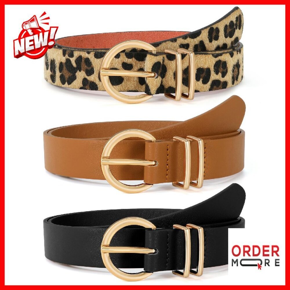 3 Pack Faux Leather Belts Gold Buckle Adjustable Women's Accessories